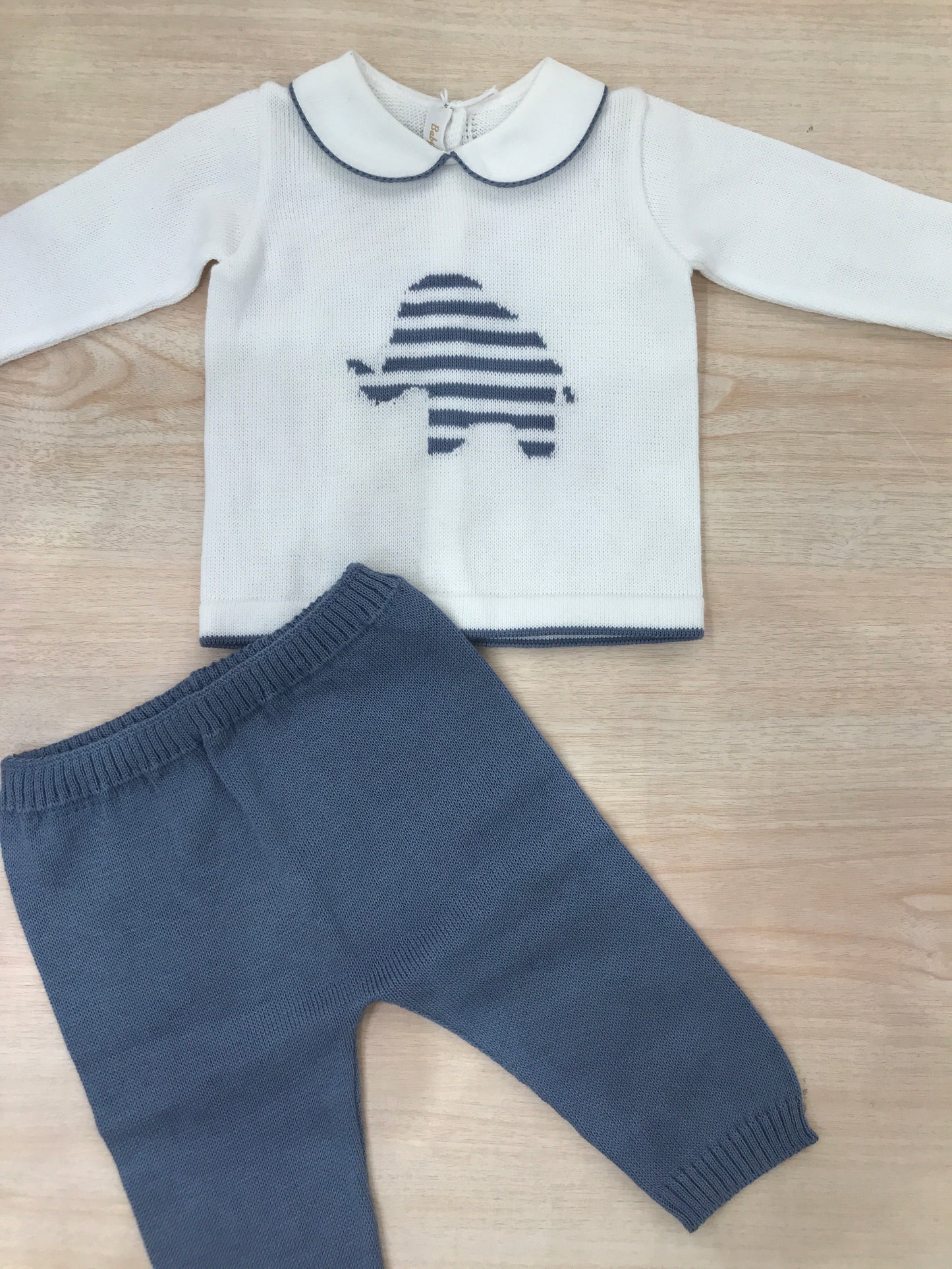 Tutina Baby Lord in filo due pezzi bianco e avio con elefante a righe sul davanti