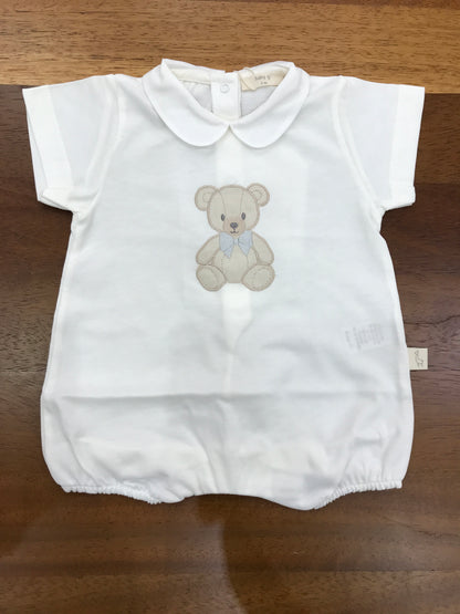 Pagliaccetto Baby Gi in cotone panna corto mezza manica con collo tondo con orsetto centrale sul davanti con fiocchetto