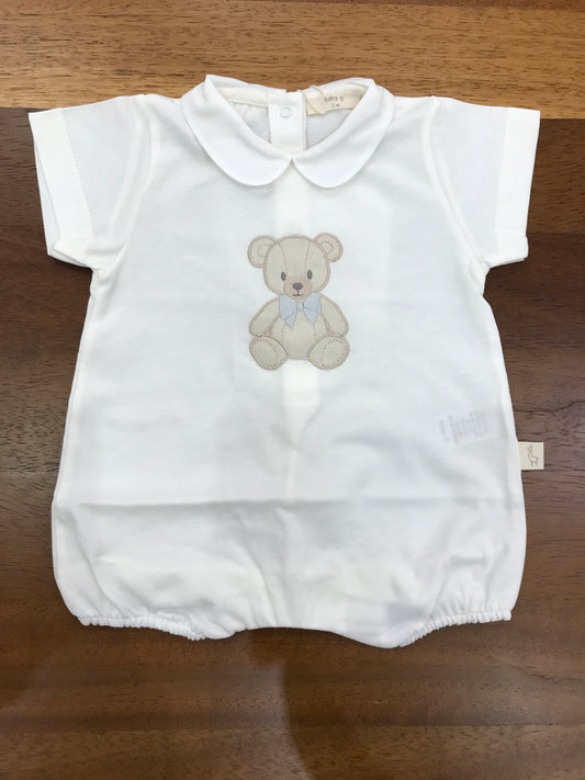Pagliaccetto Baby Gi in cotone panna corto mezza manica con collo tondo con orsetto centrale sul davanti con fiocchetto