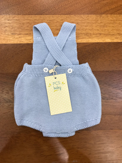 Salopette PCS in filo di cotone celeste con bretelle con lavorazione sul davanti e piccoli pois