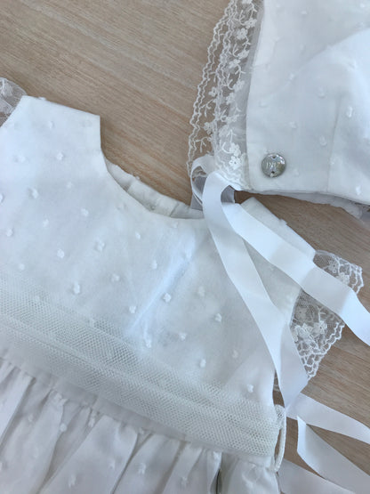 Abito Paz Rodriguez in cotone con tulle con pois smanicato con rusche con fascia in vita con cuffietta con rusche abbinata