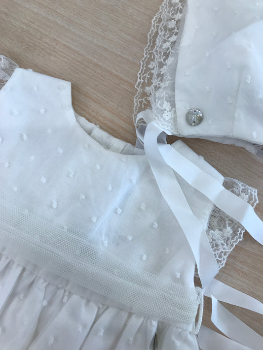 Abito Paz Rodriguez in cotone con tulle con pois smanicato con rusche con fascia in vita con cuffietta con rusche abbinata