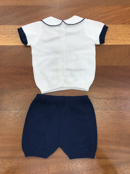 Completo Baby Lord in filo di cotone due pezzi pantalone corto blu scuro mezza manica bianca con collo tondo orsetto centrale con barca