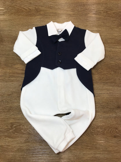 Tutina Cielo Blu in caldo cotone intera bianca con finto gilet blu scuro e papillon