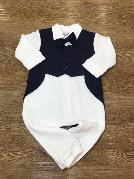 Tutina Cielo Blu in caldo cotone intera bianca con finto gilet blu scuro e papillon