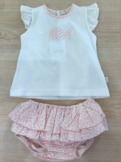 Completo Baby Gi in cotone t-shirt smanicata on rusche con pesciolino rosa e bianco con culotte con rusche