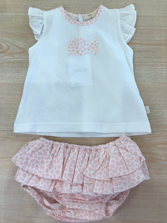 Completo Baby Gi in cotone t-shirt smanicata on rusche con pesciolino rosa e bianco con culotte con rusche