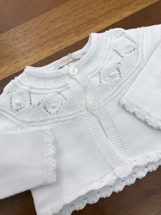 Cardigan PCS in filo di cotone bianco manica lunga con lavorazione sul davanti