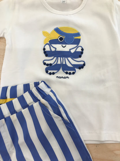 Completo Nanan in cotone t-shirt mezza manica con ricamo al centro e bermuda a righe
