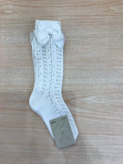 Calzino Story Loris in filo bianco alto traforato con fiocco