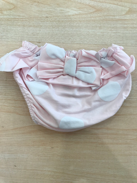 Costume Nanan in cotone rosa con pois bianchi con doppia ruche e fiocco sul retro