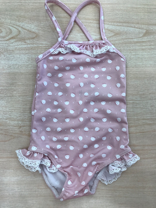 Costume Paz Rodriguez intero con rusche e piccoli animaletti bianchi con bretelle ad incrocio