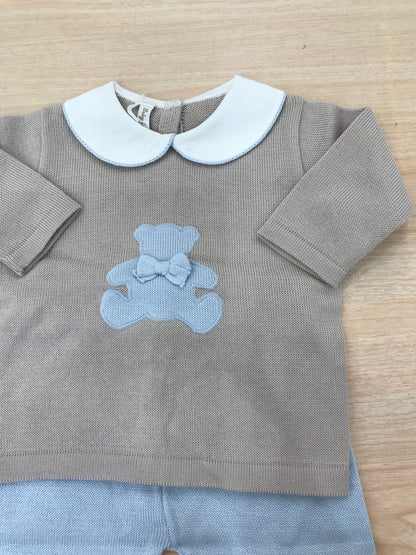 Tutina Baby Lord due pezzi in filo manica lunga tortora con orsetto e fiocchetto sul davanti pantalone celeste