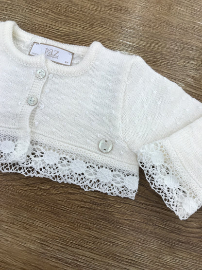 Cardigan Paz Rodriguez in lana panna lavorato con pois in rilievo e pizzo applicato ai bordi