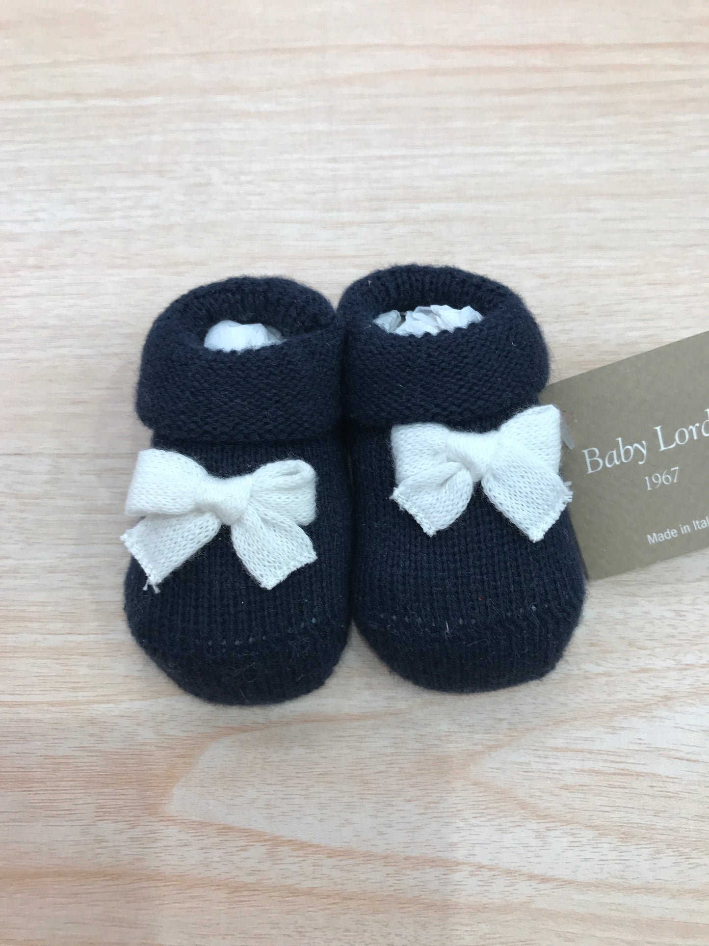 Babbucce Baby Lord in filo blu scuro con fiocchetto bianco
