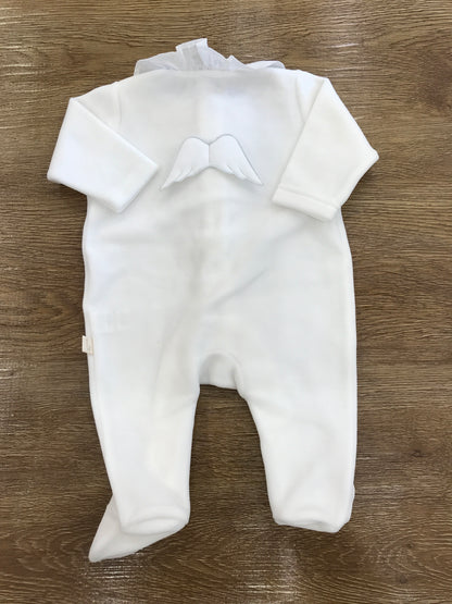 Tutina Baby Gi panna intera in ciniglia con ali sul retro e rusche al colletto