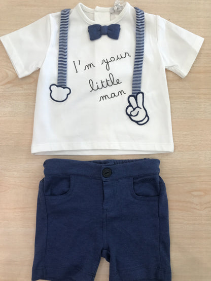 Completo Nanan in cotone bermuda blu con t-shirt mezza manica bianca con finte bretelle e papillon