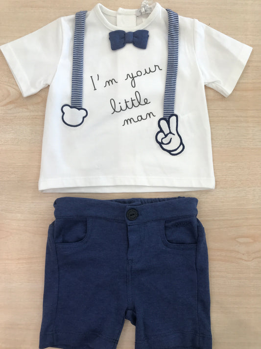 Completo Nanan in cotone bermuda blu con t-shirt mezza manica bianca con finte bretelle e papillon