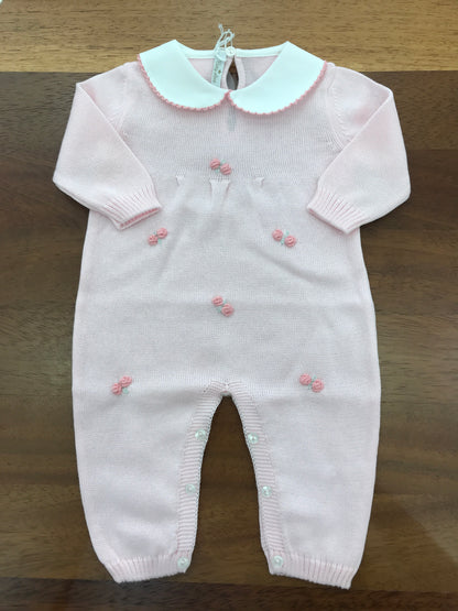 Tutina Baby Lord in filo rosa manica lunga con rose corallo ricamate sul davanti
