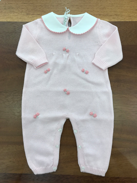 Tutina Baby Lord in filo rosa manica lunga con rose corallo ricamate sul davanti