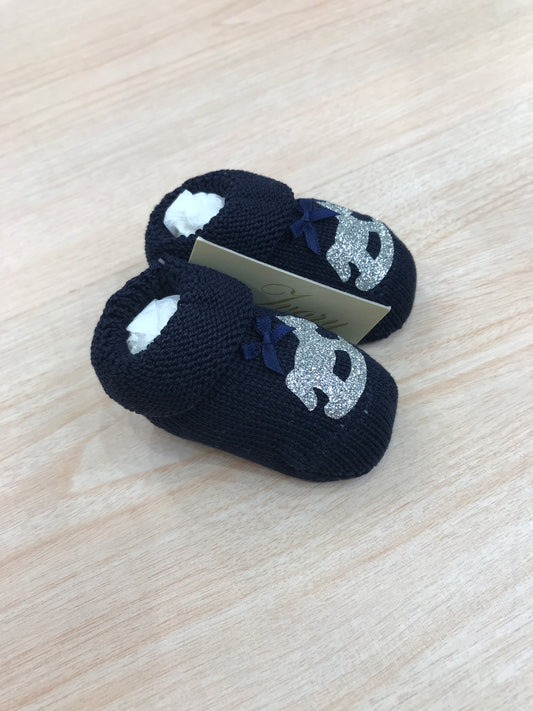 Babbucce Ivory blu scuro in filo con cavallo a dondolo con brillantini e fiocchetto