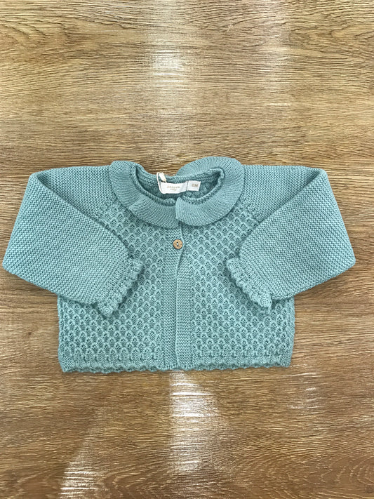 Cardigan PCS verde con collo con rusche e riccetto sul polsino