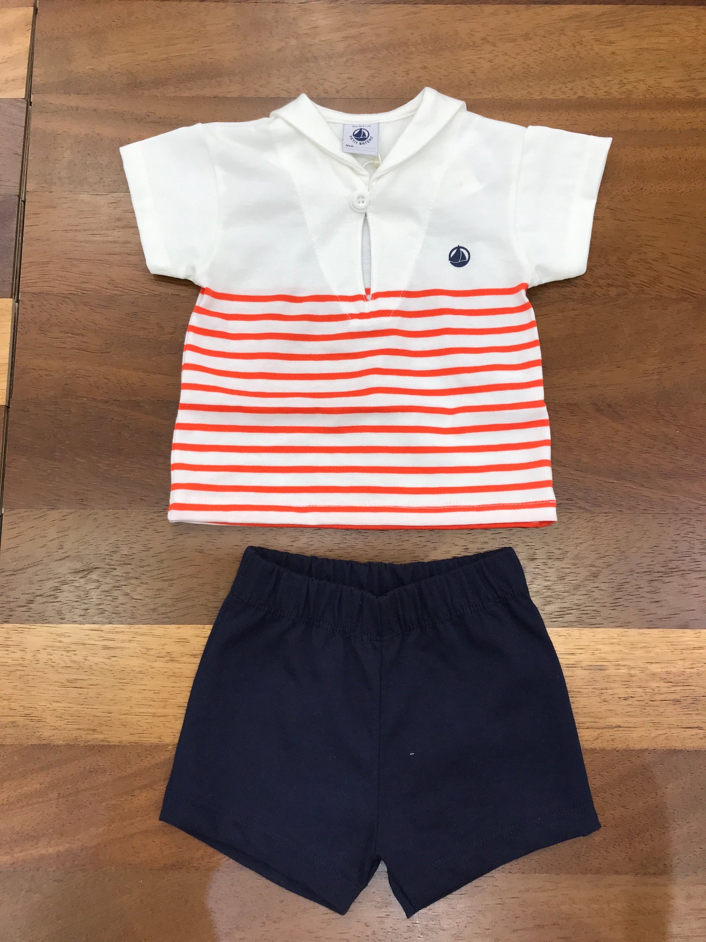 Completino Petit Bateau in cotone due pezzi a righe mezza manica con collo marinaretto