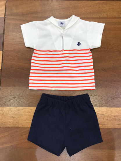 Completino Petit Bateau in cotone due pezzi a righe mezza manica con collo marinaretto
