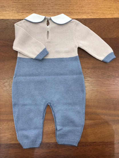 Tutina Baby Lord in filo tortora e avio manica lunga con passanastro fiocchetti e pois ricamati a mano