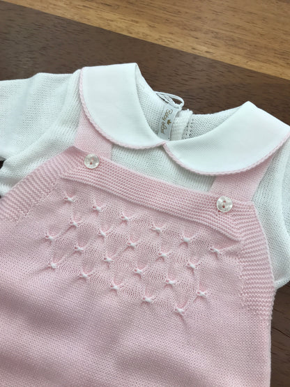 Salopette e Maglietta Baby Lord in filo rosa e bianco mezza manica con punto smock bianco