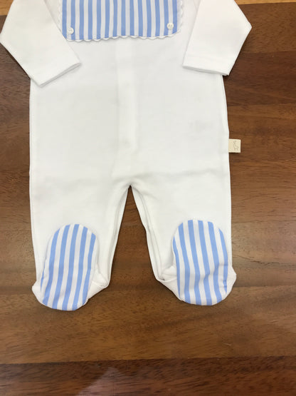 Tutina Baby Gi intera gamba lunga con piedini a righe bianchi e celesti manica lunga con collo finto bavettone a righe