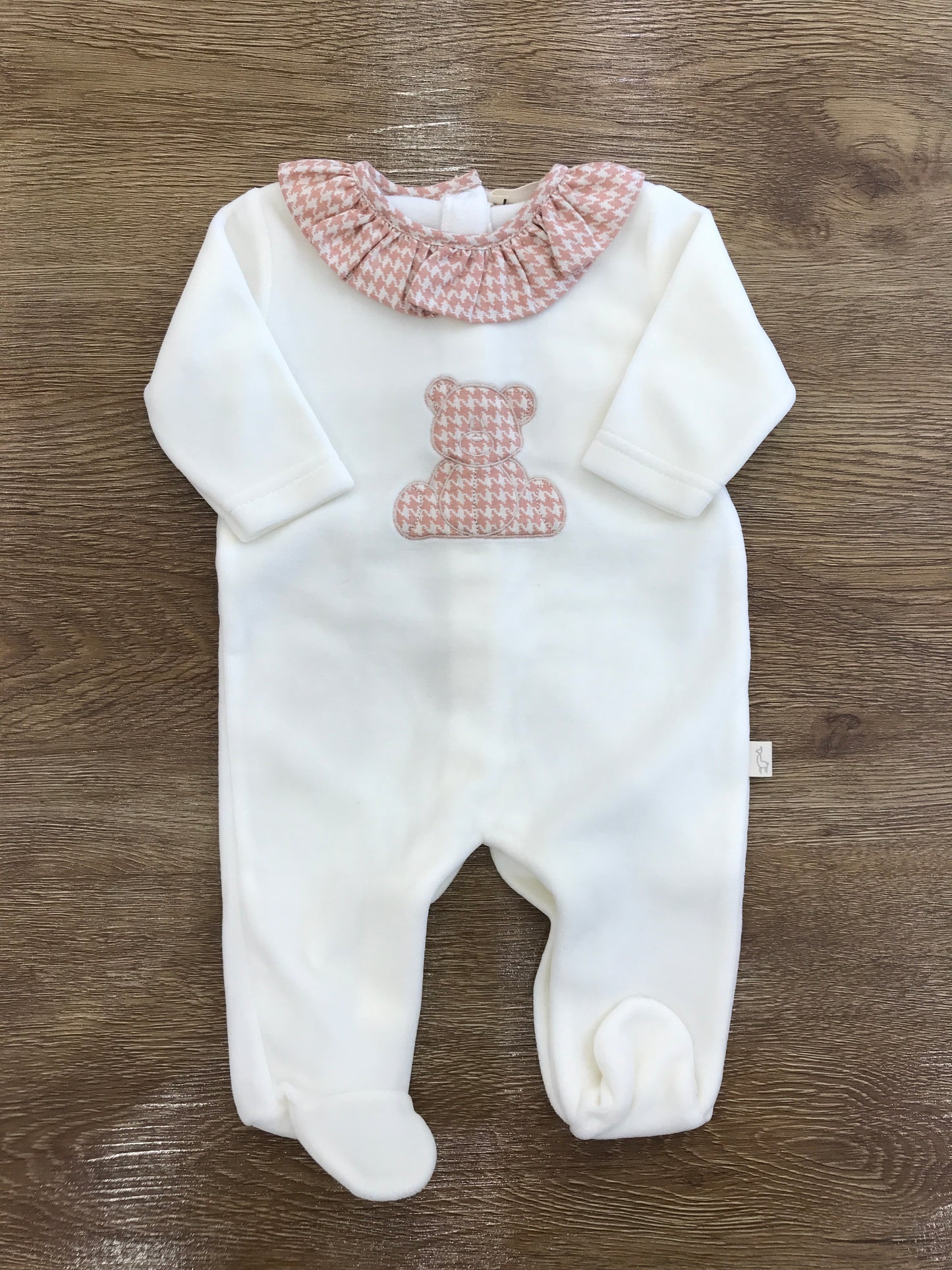 Tutina Baby Gi in ciniglia panna con rusche e orsetto a quadretti