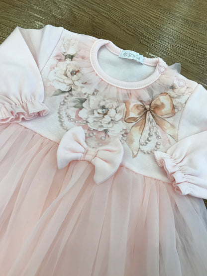 Abito Sofija in caldo cotone manica lunga con fiori e tulle rosa