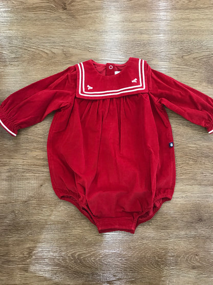 Pagliaccetto Petit Bateau a costine rosso con manica a sbuffo con collo squadrato con piccoli fiocchetti bianchi