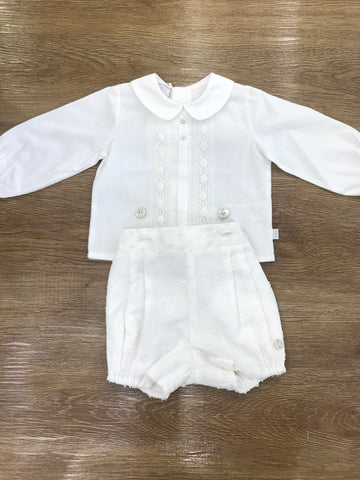 Completo Paz Rodriguez due pezzi camicia con ricami panna sul davanti pantalone corto con pois in rilievo panna