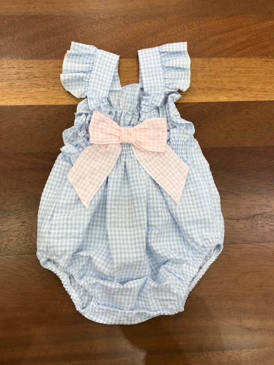 Pagliaccetto Baby Gi in cotone fantasia a quadretti con spalline con rusche con fiocco sul retro