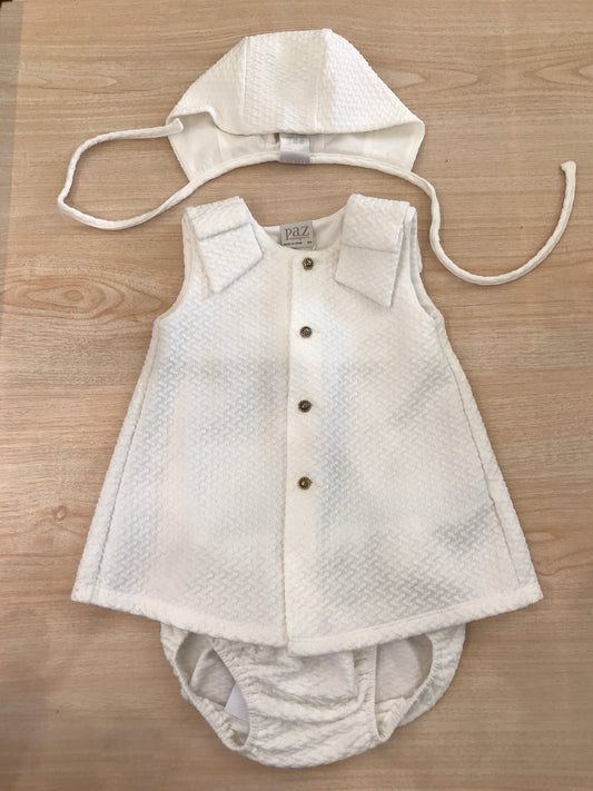 Abito Paz Rodriguez in cotone smanicato con fiocchi sulle spalline con culotte con cuffietta abbinata con laccetti