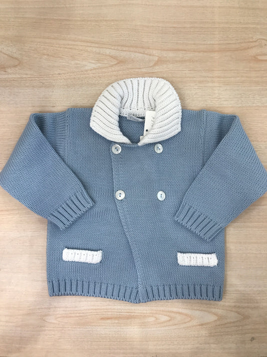 Cardigan Colibrì in filo celeste con colletto bianco e tasche rifinite bianche