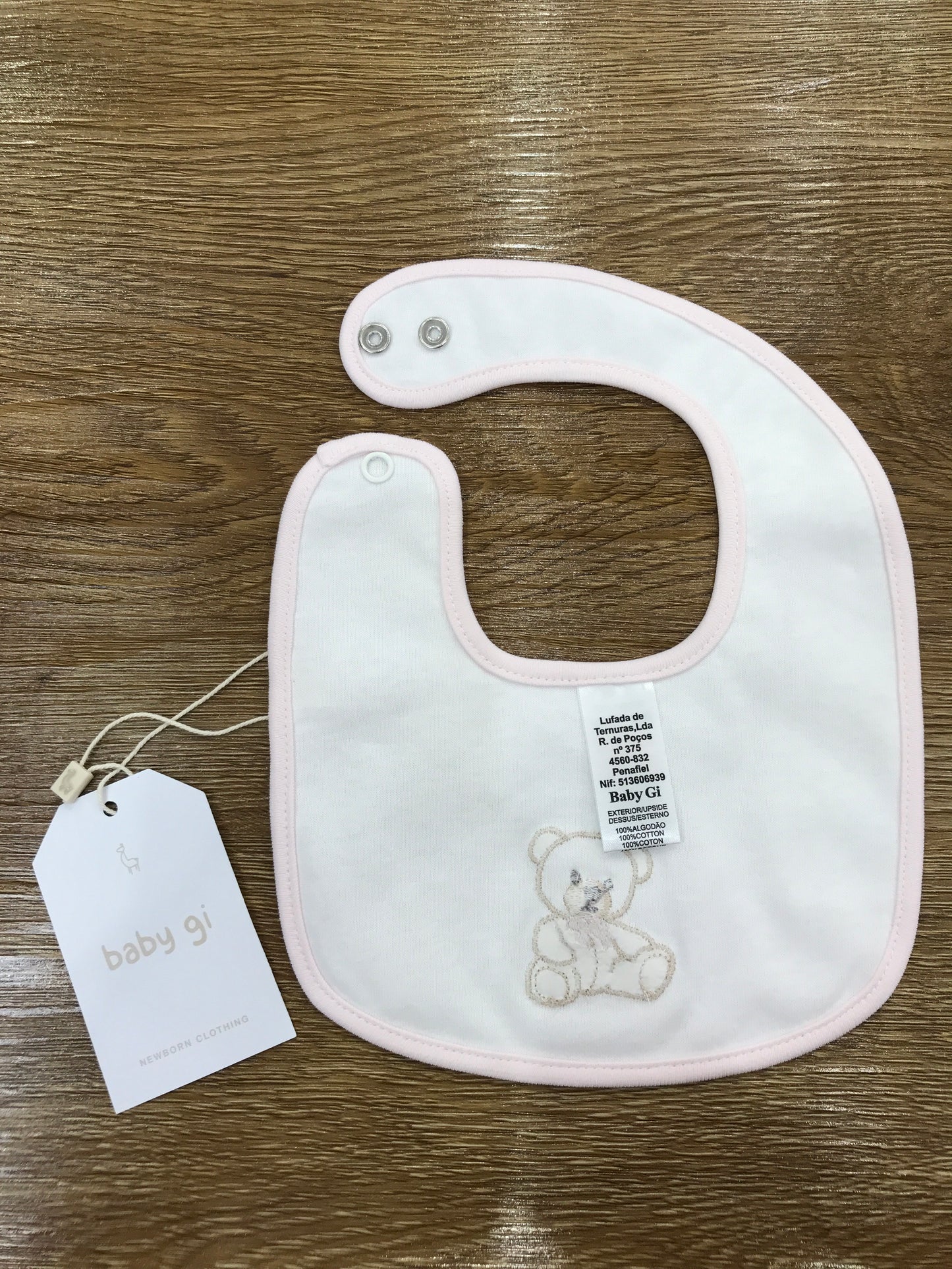 Bavetta Baby Gi in cotone rosa con orsetto con fiocchetto
