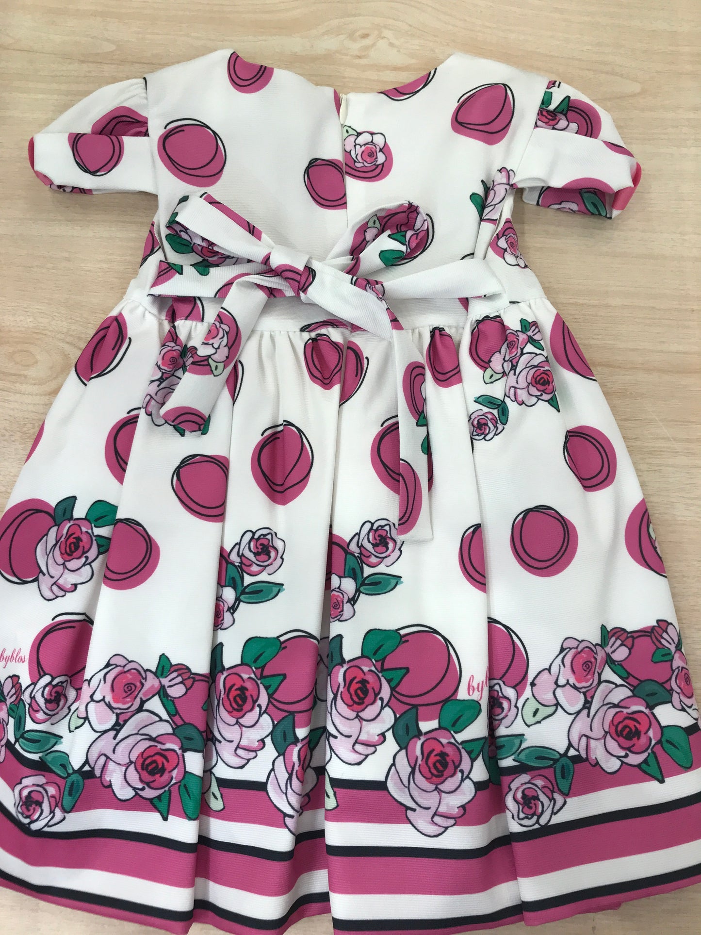 Abito Byblos in cotone mezza manica a sbuffo con gonna ampia con pois rose e righe