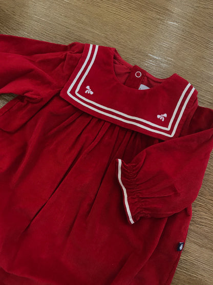 Pagliaccetto Petit Bateau a costine rosso con manica a sbuffo con collo squadrato con piccoli fiocchetti bianchi