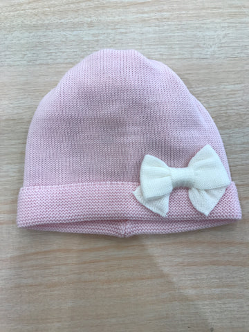 Cappello Baby Lord rosa con risvolto e fiocchetto panna