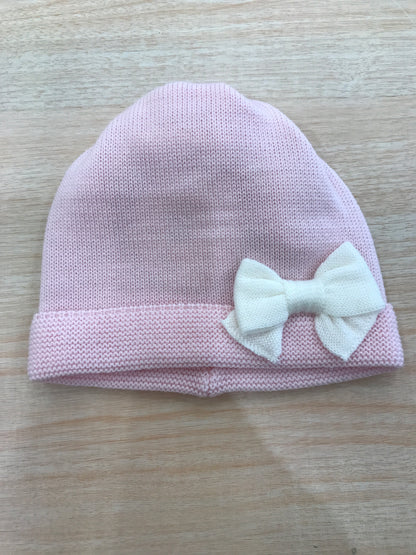 Cappello Baby Lord rosa con risvolto e fiocchetto panna