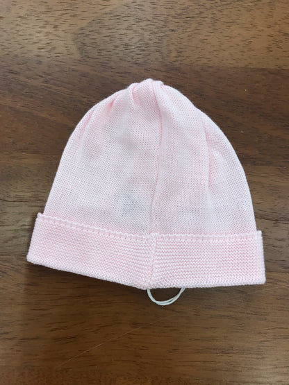 Cappello Baby Lord in filo rosa con risvolto con lavorazione di punto smock in bianco