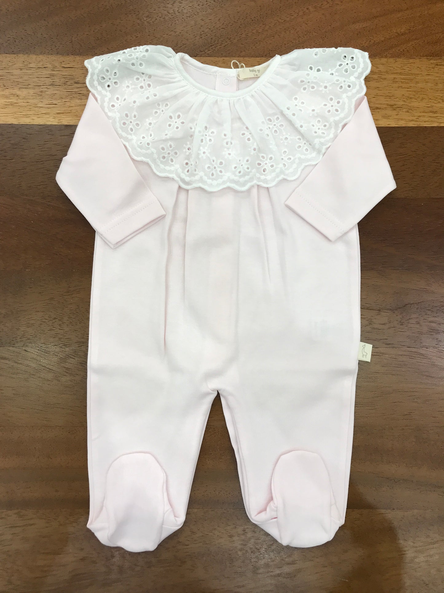 Tutina Baby Gi in cotone manica lunga gamba lunga con collo in san gallo smerlato