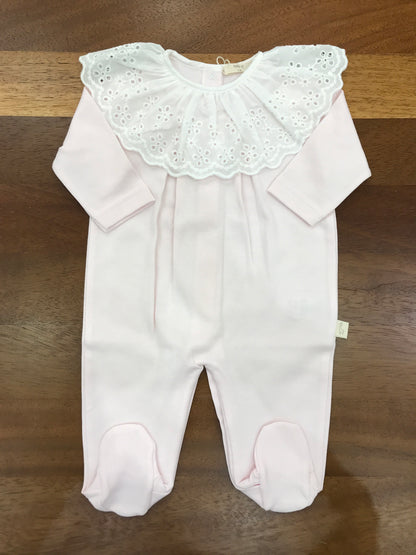 Tutina Baby Gi in cotone manica lunga gamba lunga con collo in san gallo smerlato