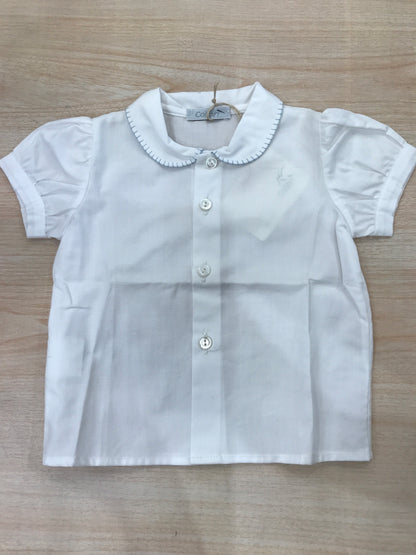 Camicia Colibrì in cotone mezza manica a sbuffo con colletto rifinito in celeste