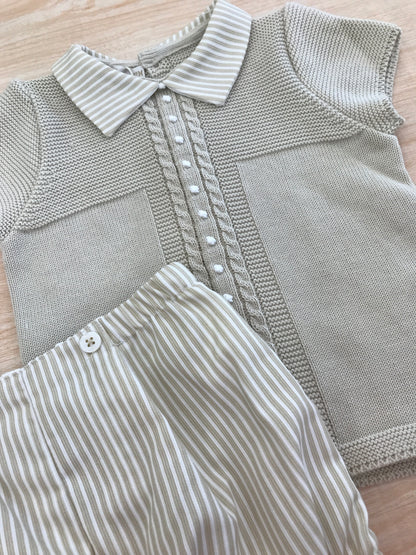 Completo PCS in filo beige due pezzi mezza manica colletto a righe con pois ricamati sul davanti culotte a righe abbinata
