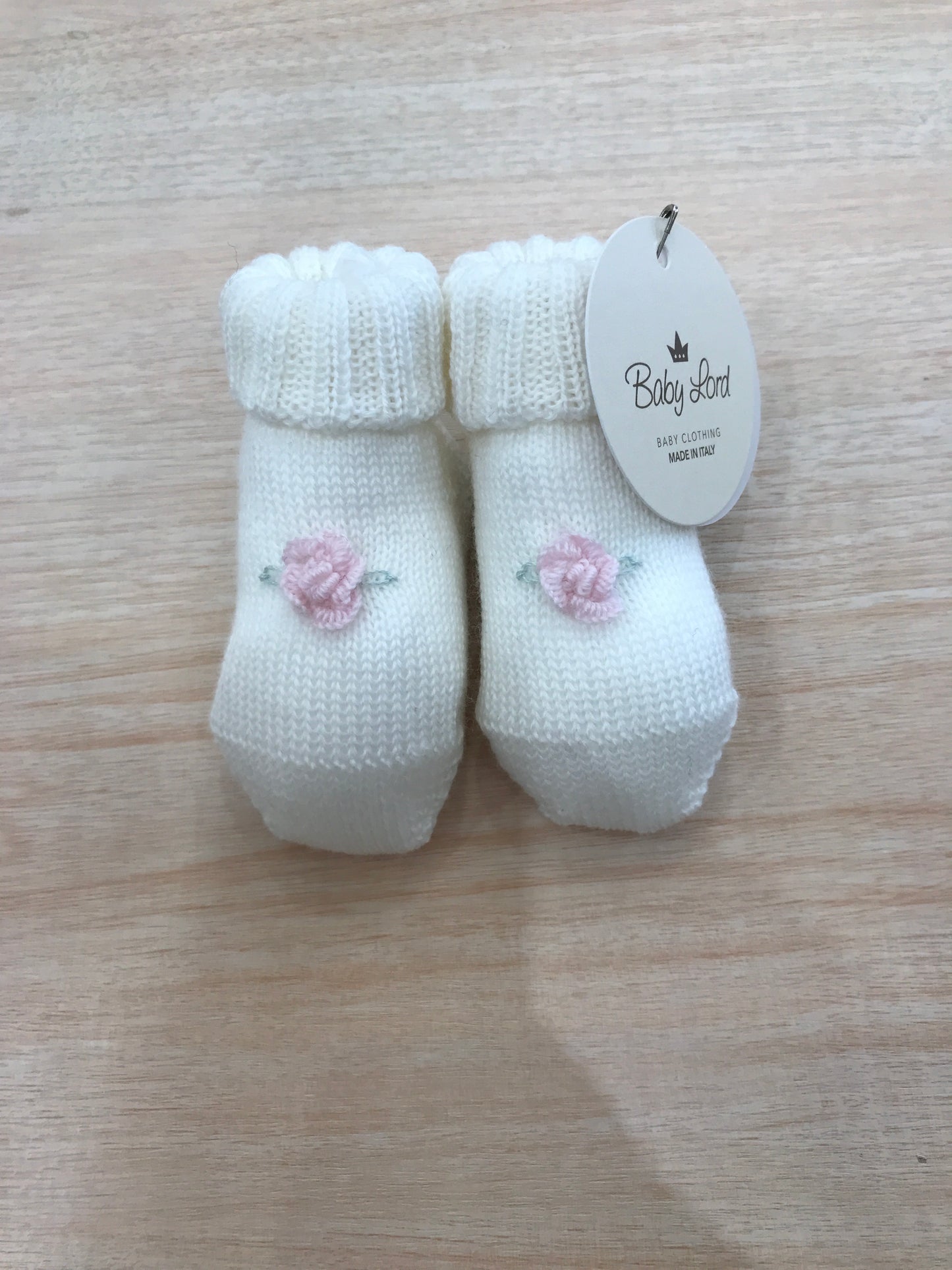 Babbucce Baby Lord in lana panna con rosa ricamata a mano