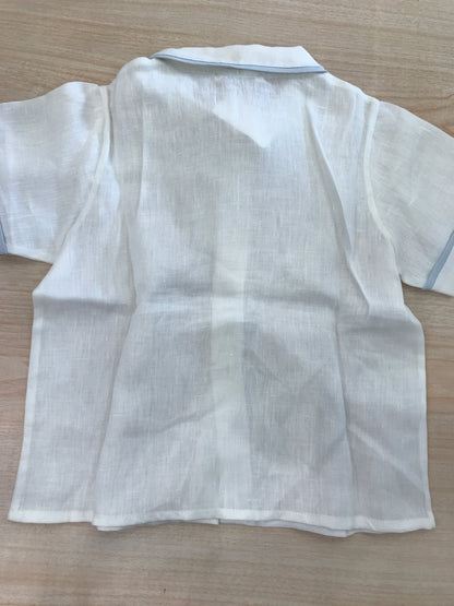 Camicia Colibrì in lino mezza manica con profilo celeste con bottoncini sul davanti
